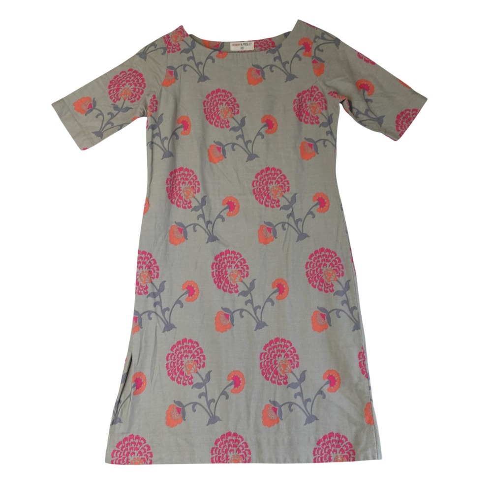 Vintage Bombay Paisley Dress Womens XS Gray Floral Cotton Linen Shift Boho Indie